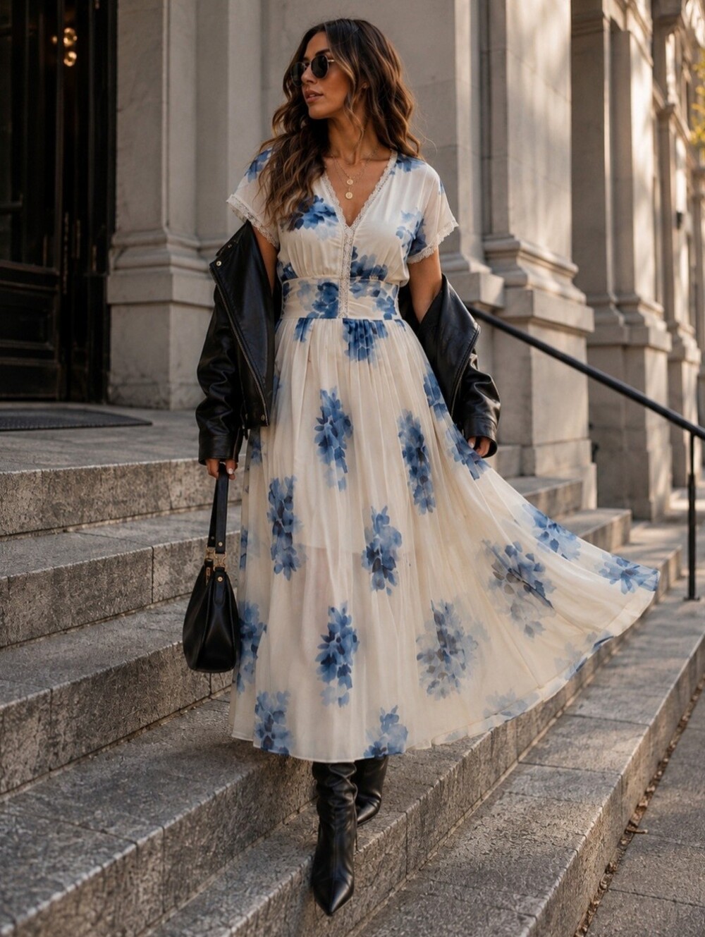 Blue Watercolor Floral Maxi Dress XL Lace Trim Romantic Boho